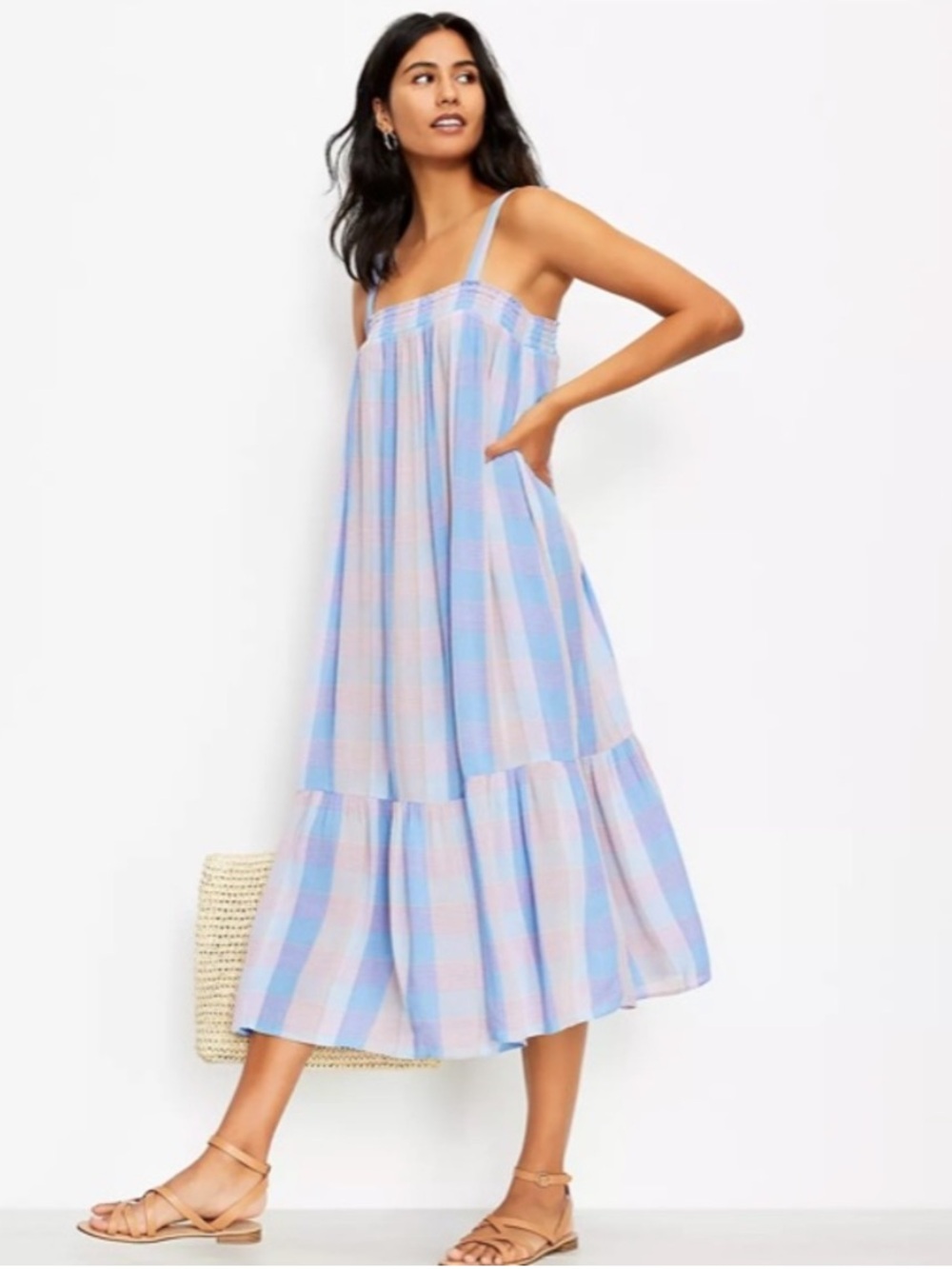 Loft Plaid Sleeveless Smocked Pocket Flowy Midi Dress Rayon Small